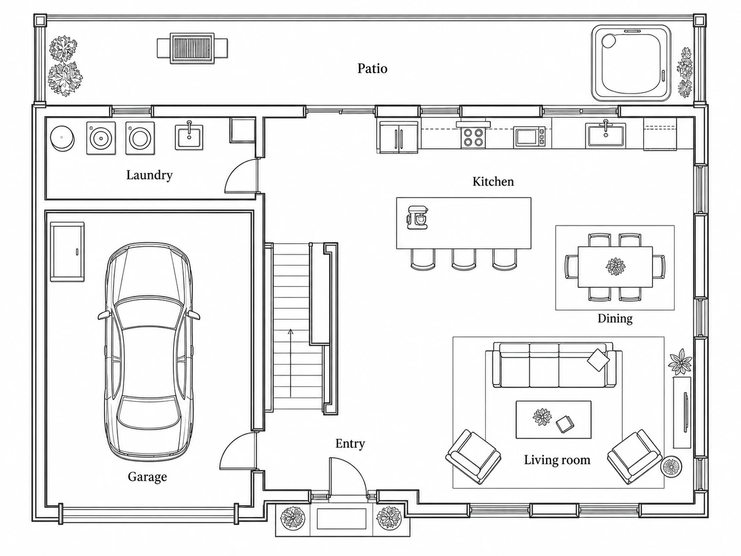 First-floor plan with laundry, garage, kitchen, living room and patio