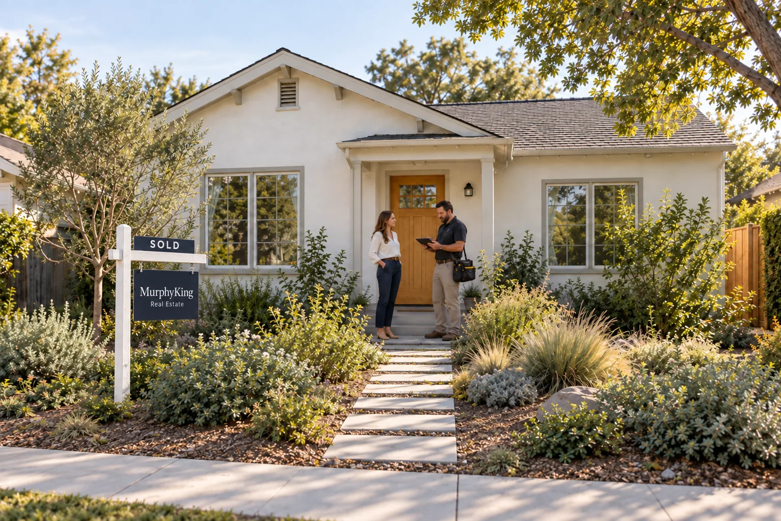 Realtor and home inspector discussing the house near its front door, with a MurphyKing sold sign