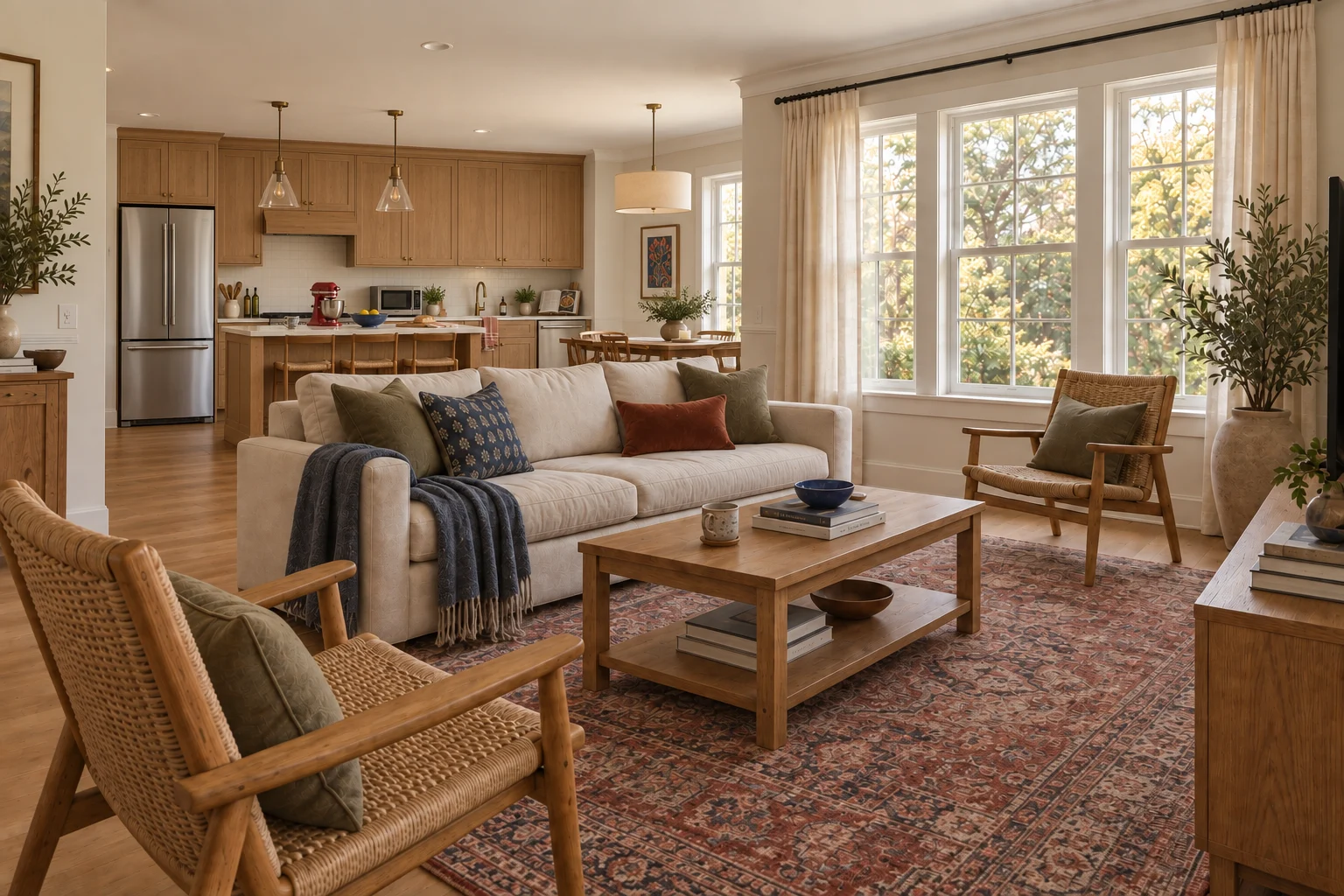 Cameo Road living room with a red and indigo rug, oak coffee table and collected furnishings